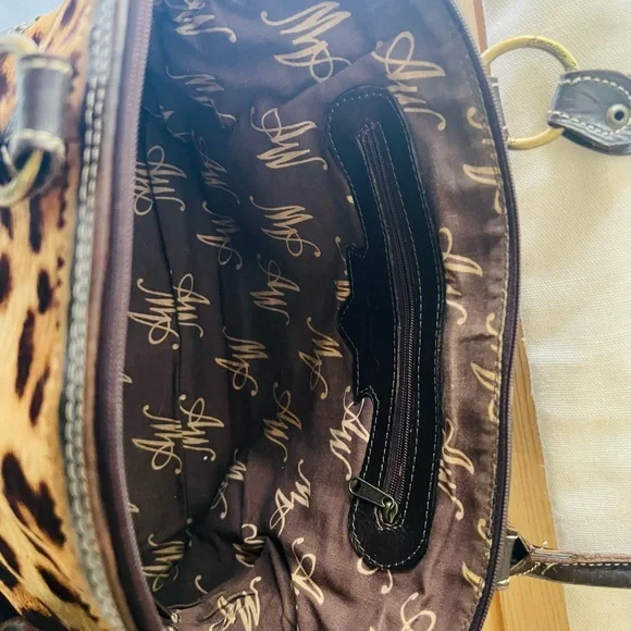 American West Vintage Leather Handbag Tooled Leather/ Animal Print Hair On/Studs - Picture 11 of 15